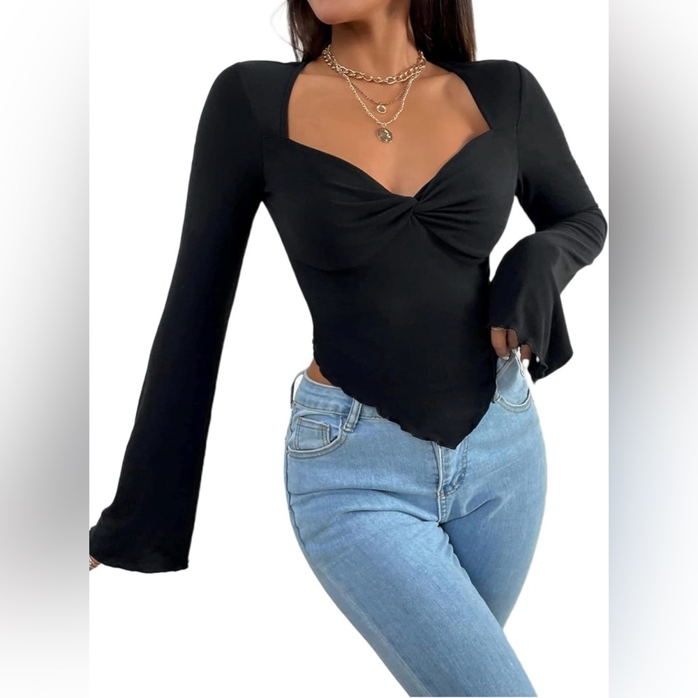 Avanova Women Asymmetrical Twist Front Crop Tops Square Neck Long Sleeve Shirts